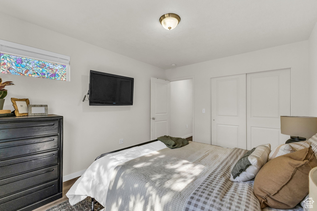 Bedroom with a closet and wood-type flooring