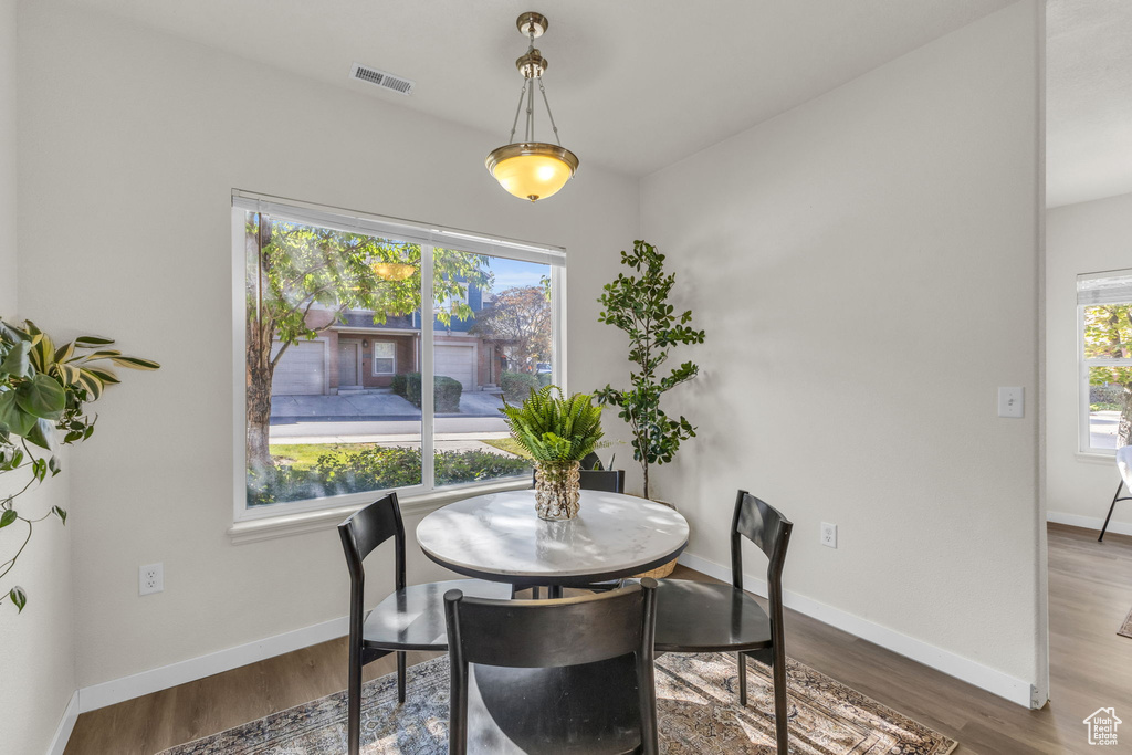 Dining room with dark hardwood / wood-style flooring