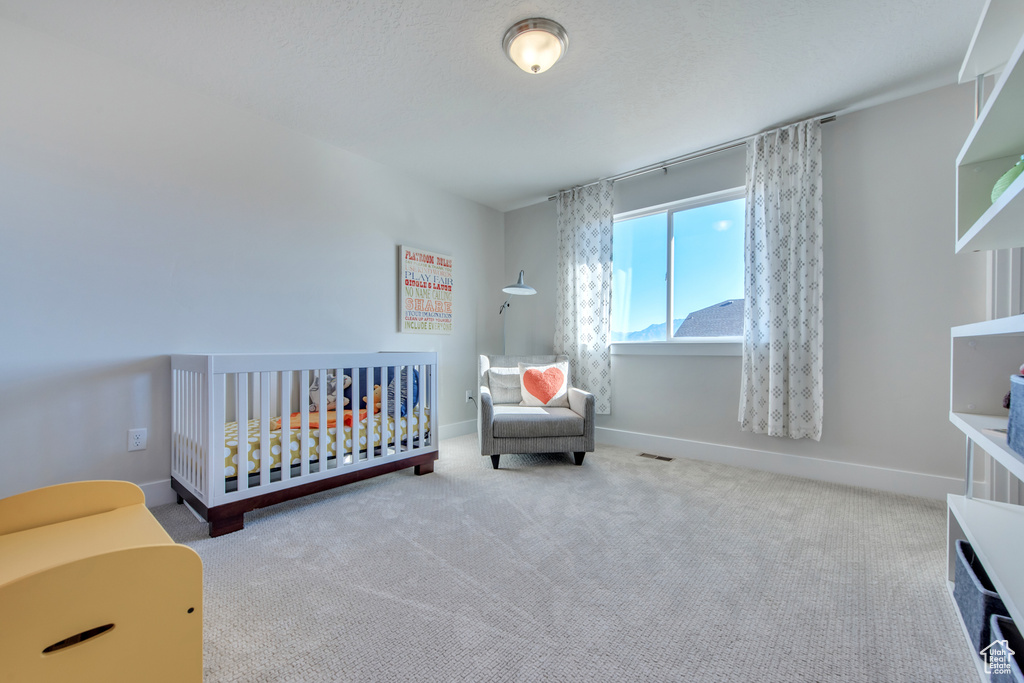 Carpeted bedroom featuring a crib