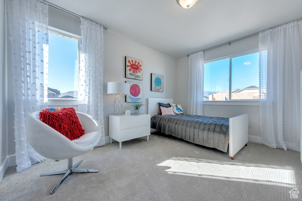 Bedroom with light carpet