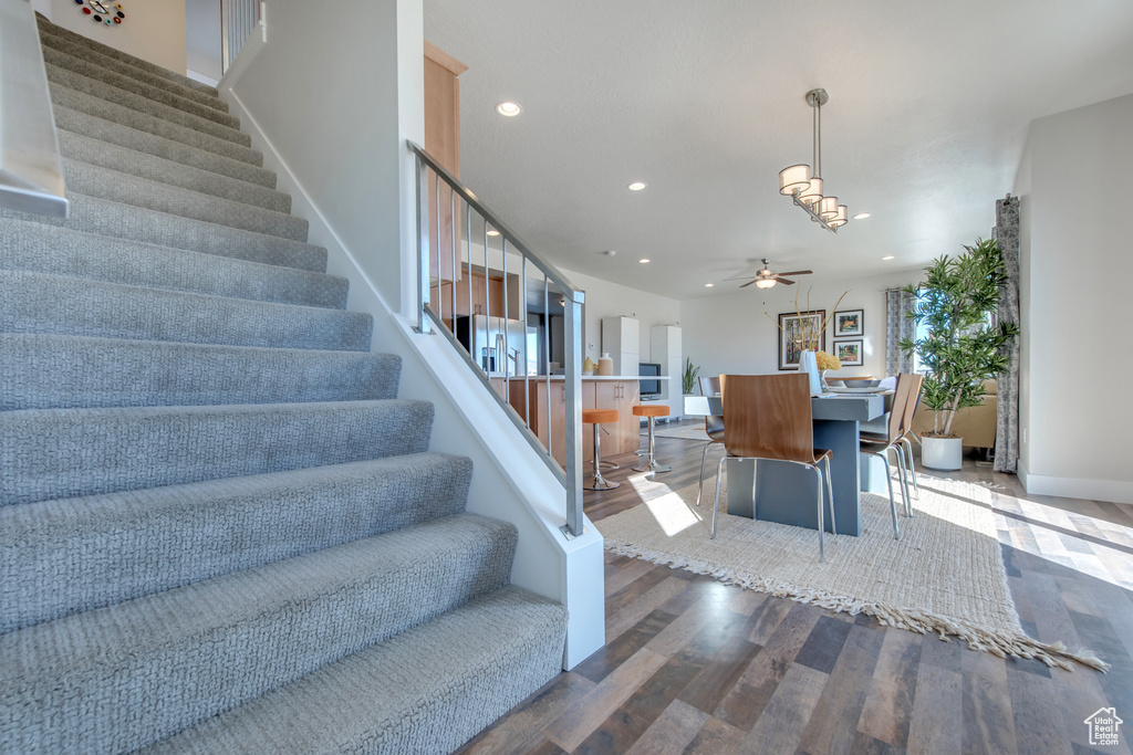 Staircase with hardwood / wood-style flooring and ceiling fan