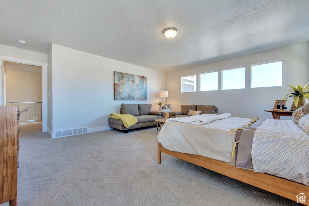 Bedroom with a textured ceiling and carpet flooring