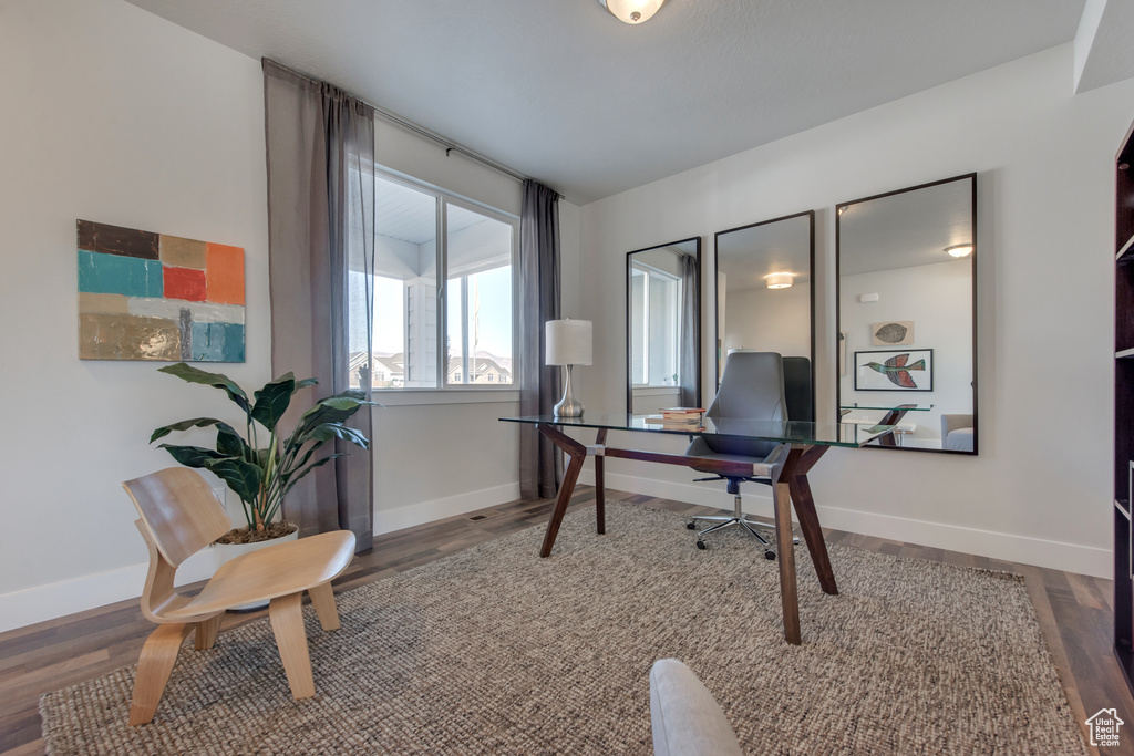 Office area featuring hardwood / wood-style flooring