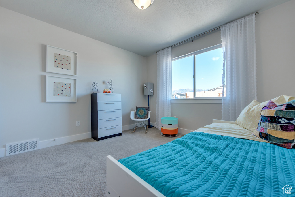 Bedroom with carpet floors and a textured ceiling