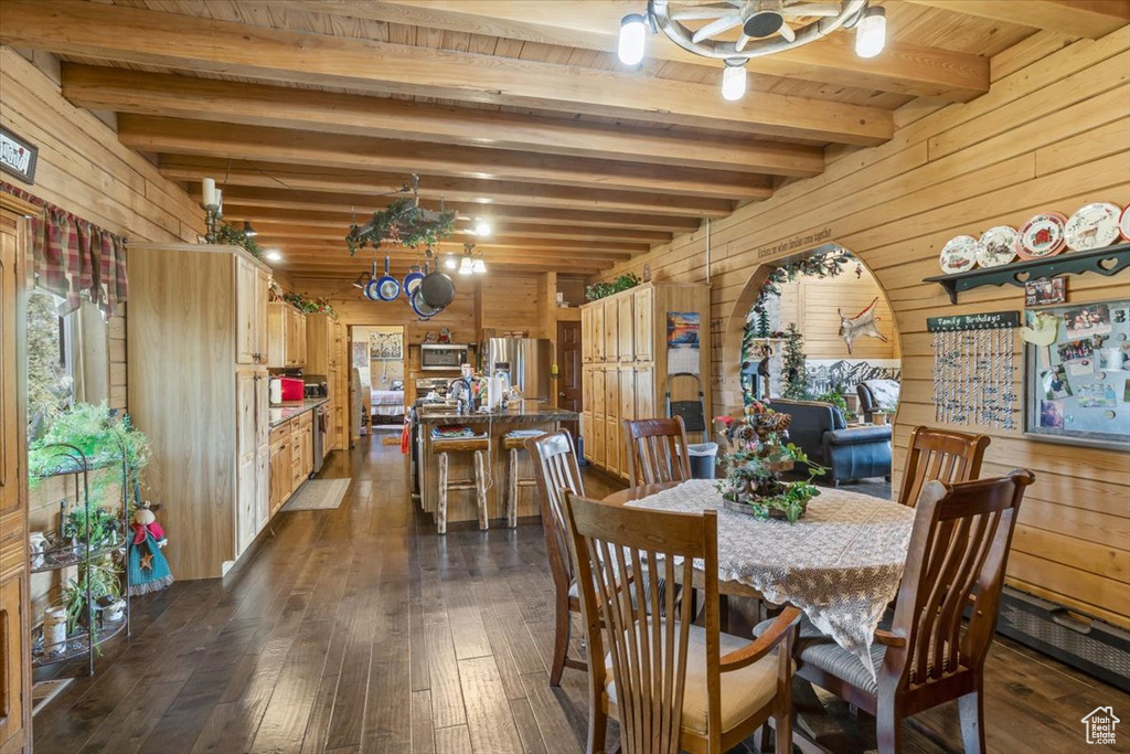 Dining space with wooden ceiling, beam ceiling, dark hardwood / wood-style flooring, and wooden walls