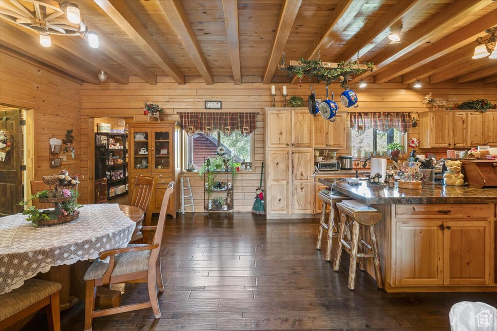 Kitchen with wood walls, dark hardwood / wood-style floors, beamed ceiling, and a kitchen bar