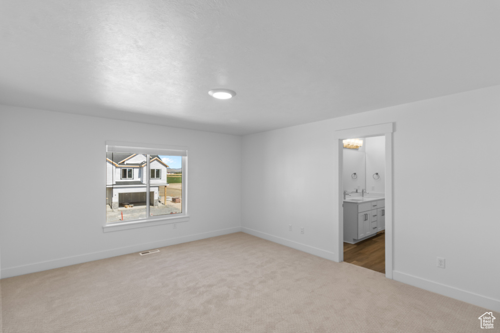 Unfurnished room featuring sink and light carpet