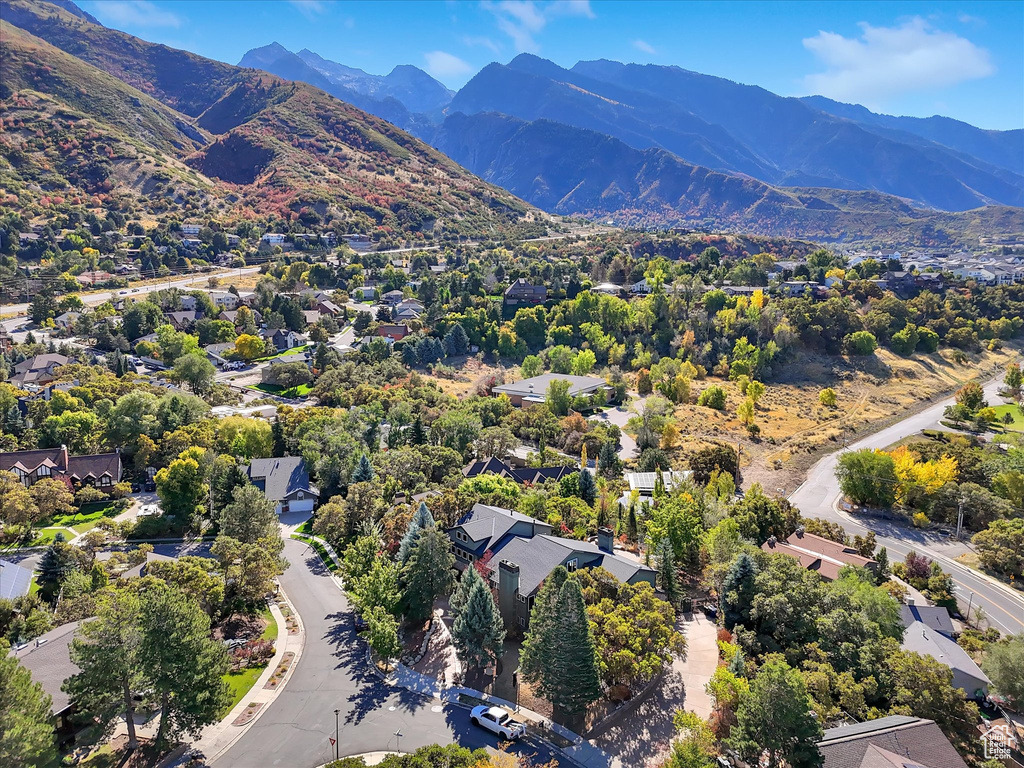 Aerial view featuring a mountain view