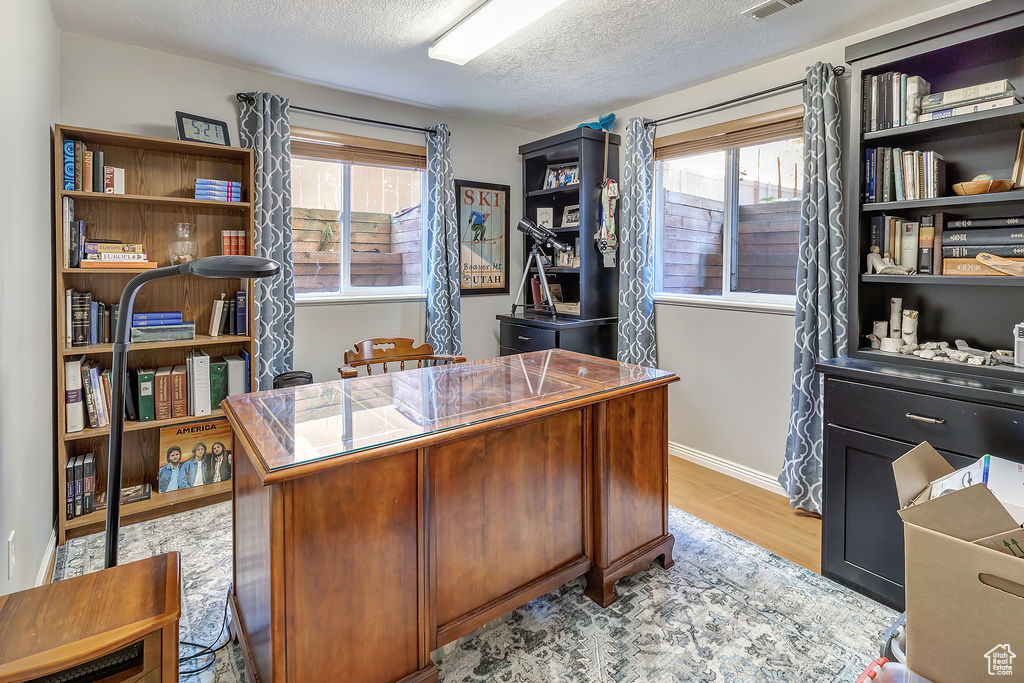 Office area featuring light hardwood / wood-style flooring, a textured ceiling, and a healthy amount of sunlight