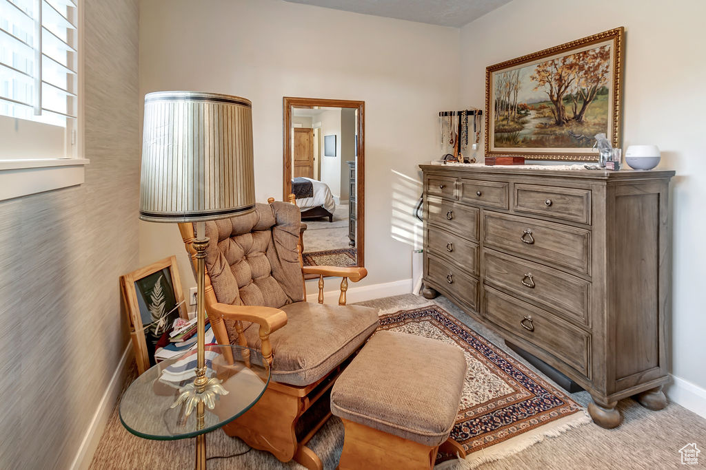 Sitting room featuring carpet flooring