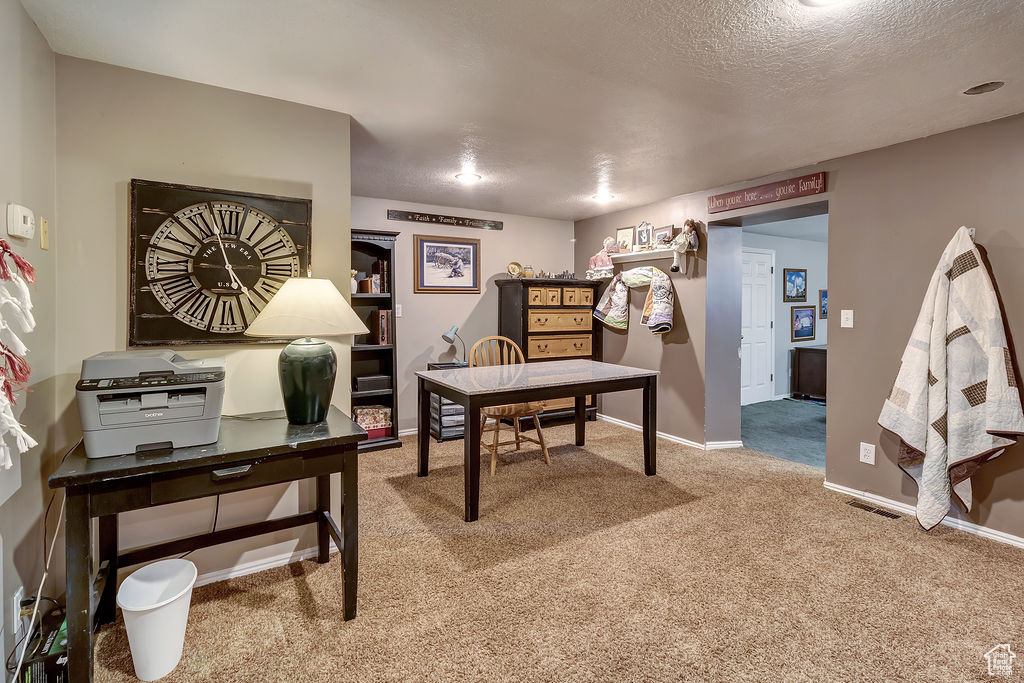 Carpeted office featuring a textured ceiling