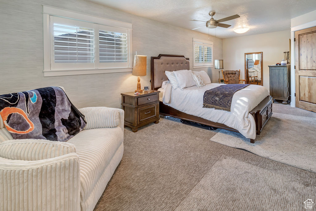 Carpeted bedroom with ceiling fan and a textured ceiling