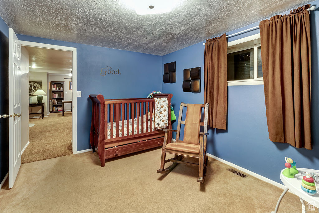 Carpeted bedroom featuring a textured ceiling