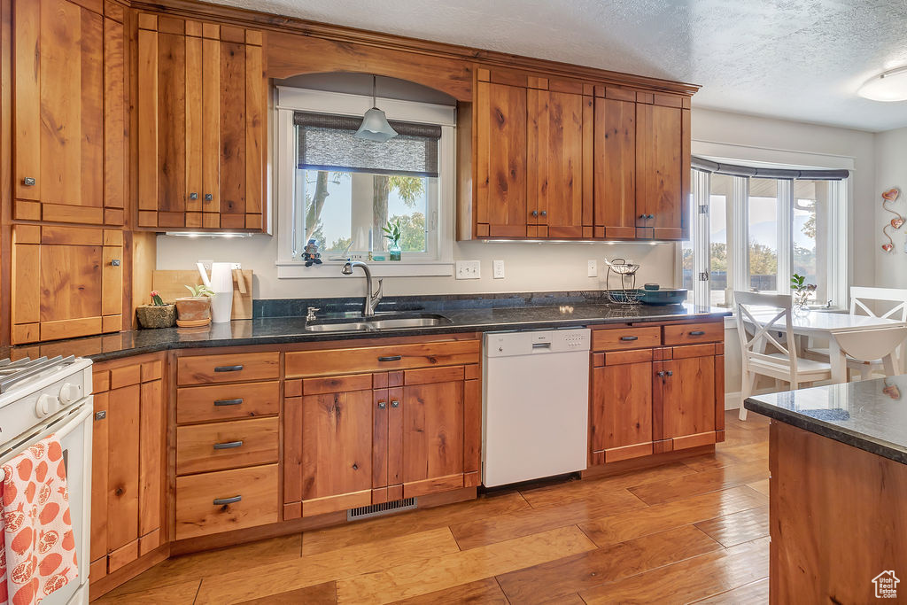 Kitchen featuring sink, plenty of natural light, light hardwood / wood-style floors, and white appliances