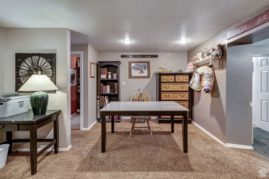 Office space featuring carpet floors and a textured ceiling