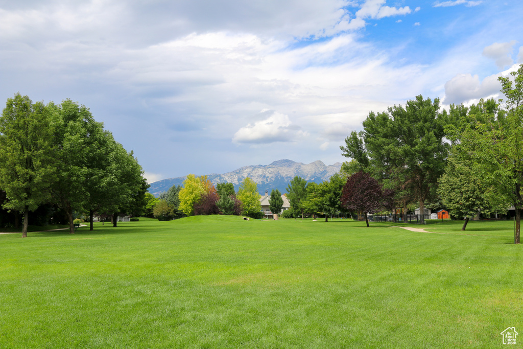 View of community with a yard and a mountain view