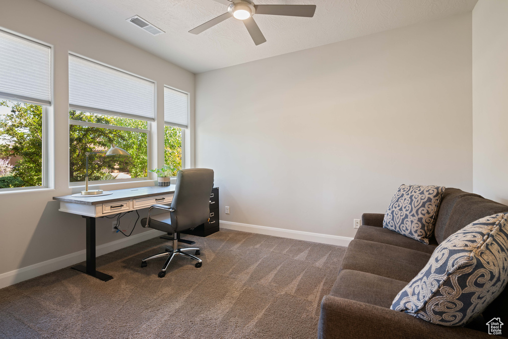 Carpeted office space featuring ceiling fan