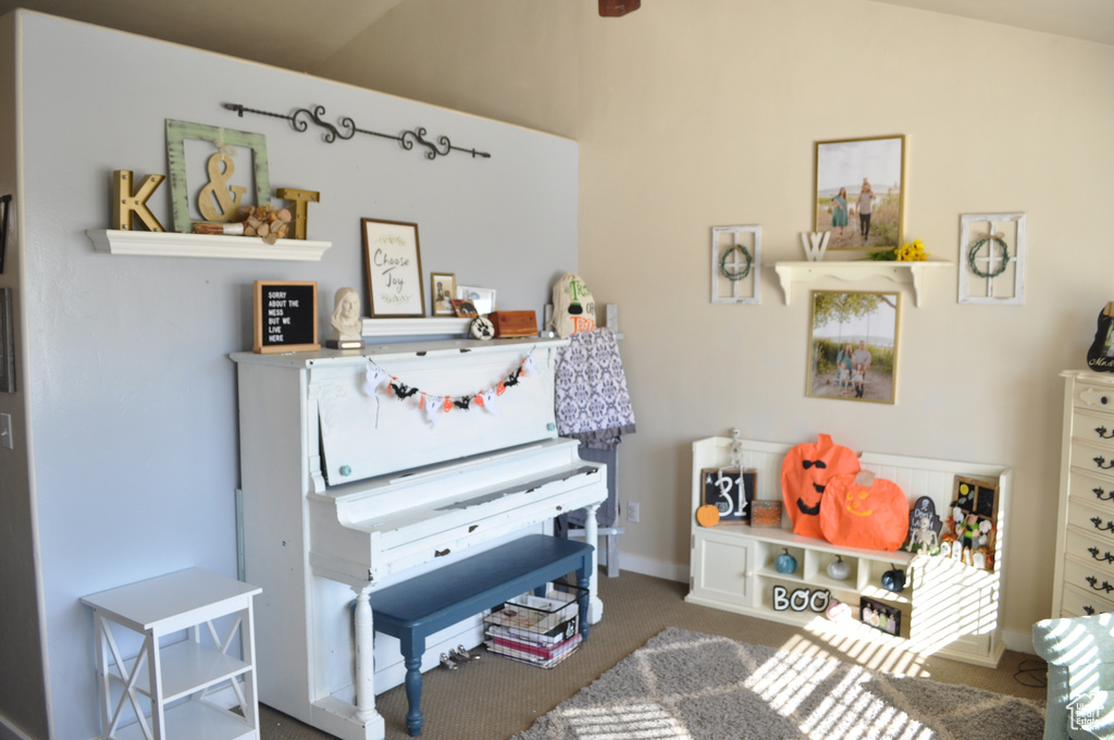 Misc room with vaulted ceiling and carpet