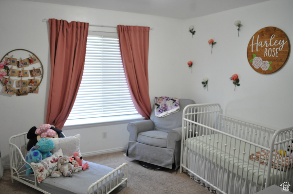 Bedroom featuring a nursery area, multiple windows, and carpet