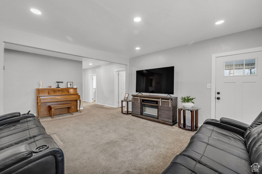 Living room with light carpet