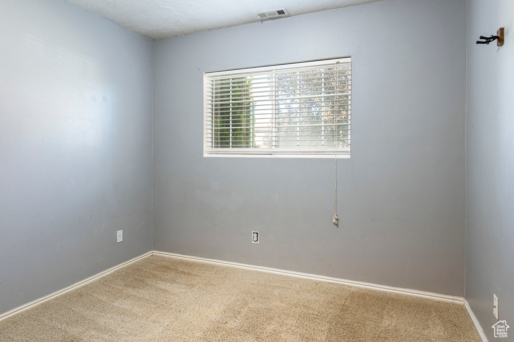 Carpeted spare room with a textured ceiling