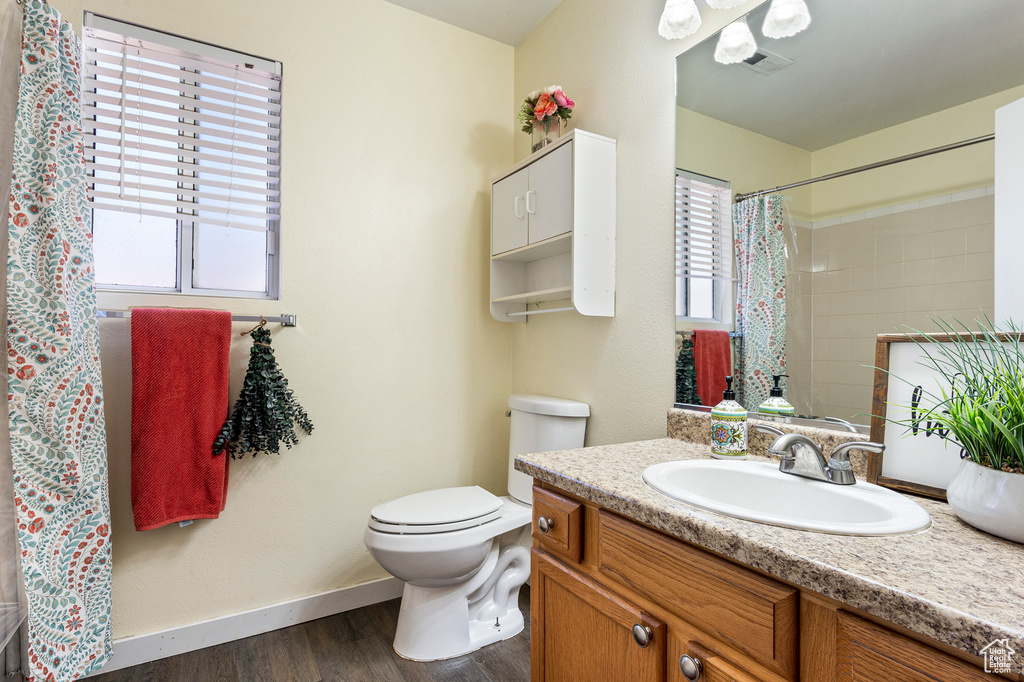 Bathroom with curtained shower, wood-type flooring, vanity, and toilet