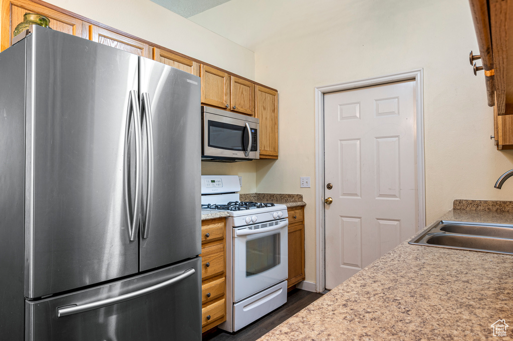 Kitchen with stainless steel appliances, dark wood-type flooring, and sink