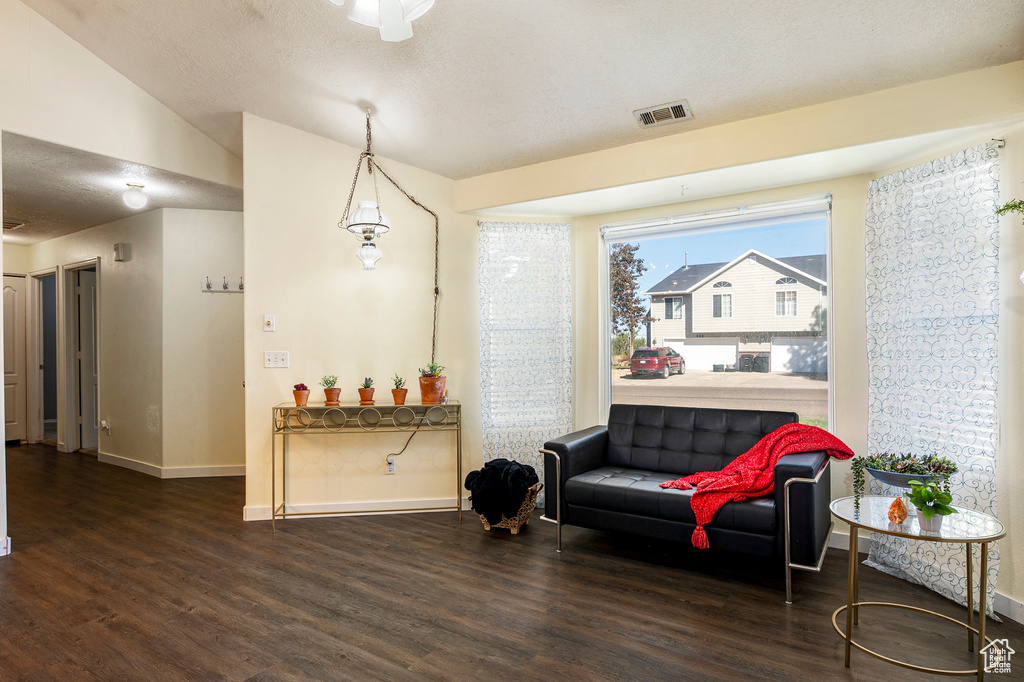 Living area with dark wood-type flooring and vaulted ceiling