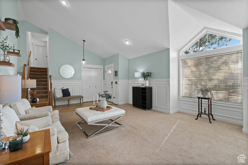 Living room featuring light carpet and lofted ceiling