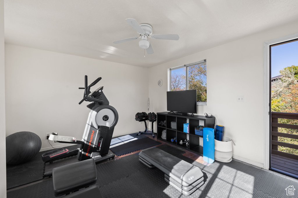 Exercise room with carpet and ceiling fan