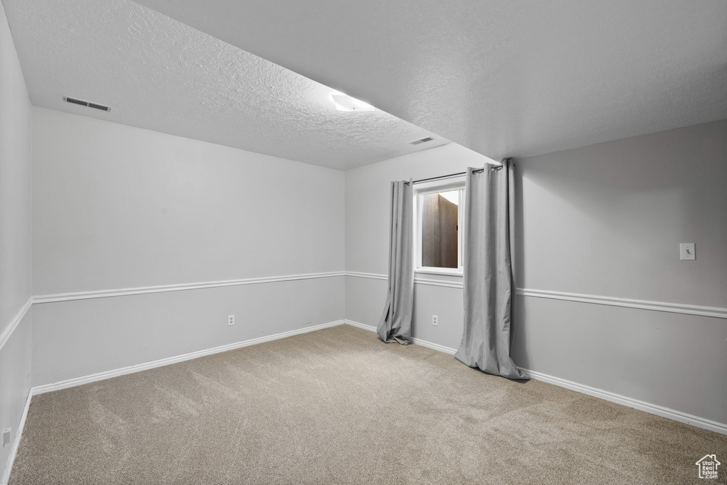 Bonus room with light carpet and a textured ceiling