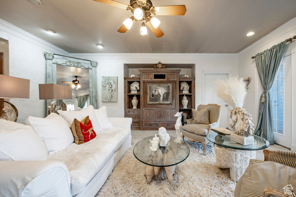 Living area featuring crown molding and ceiling fan