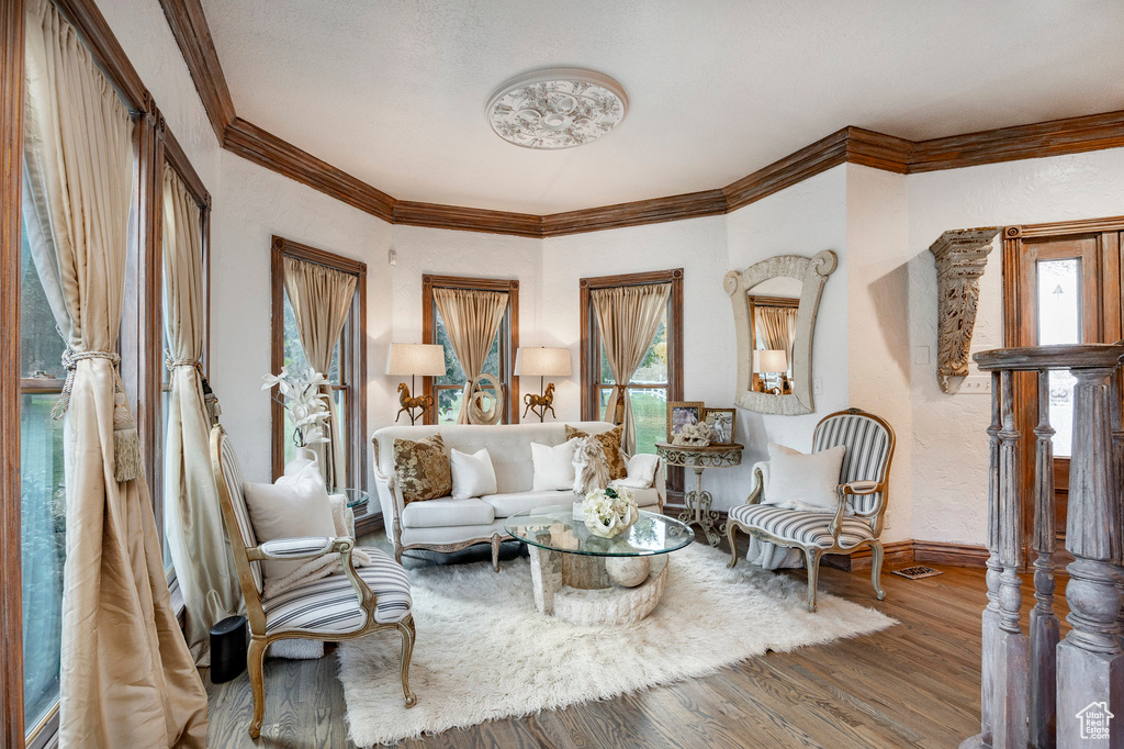 Living area featuring crown molding, baseboards, a textured wall, and wood finished floors