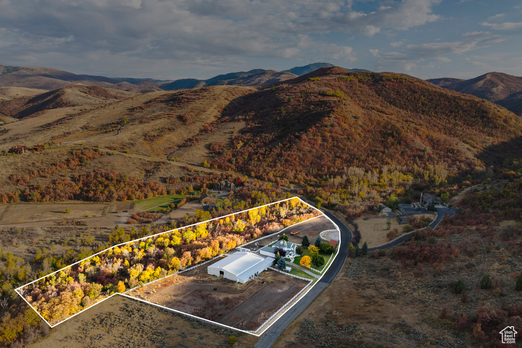 Aerial view featuring a mountain view