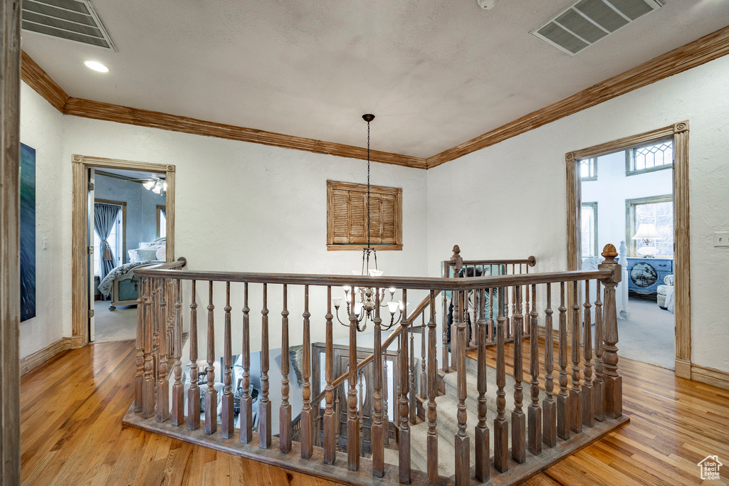 Hall featuring wood-type flooring, visible vents, ornamental molding, and an upstairs landing
