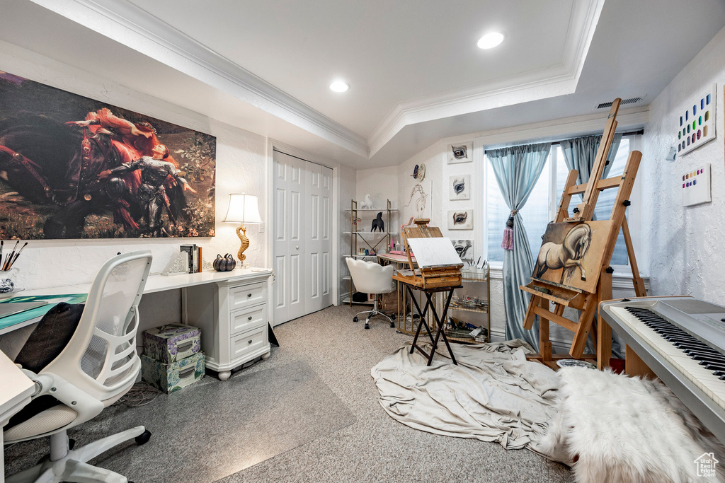 Office area featuring crown molding, recessed lighting, and a raised ceiling