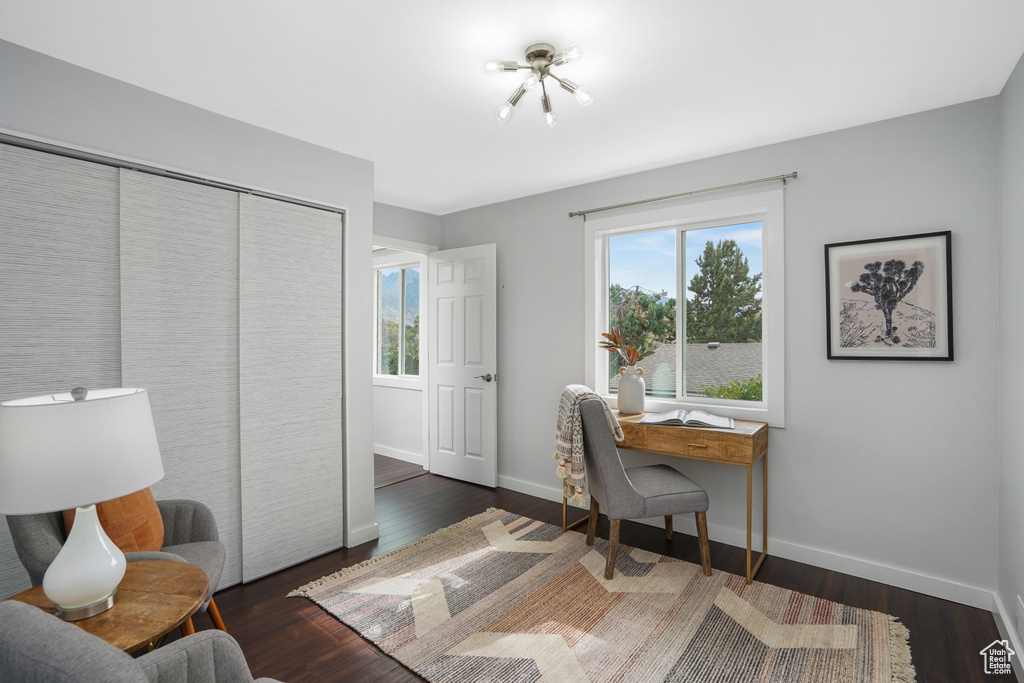 Office space with dark hardwood / wood-style floors