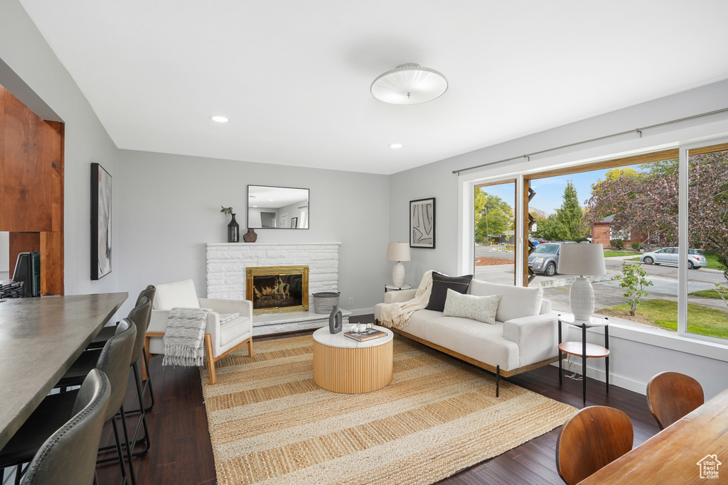 Living room featuring a fireplace and dark hardwood / wood-style flooring