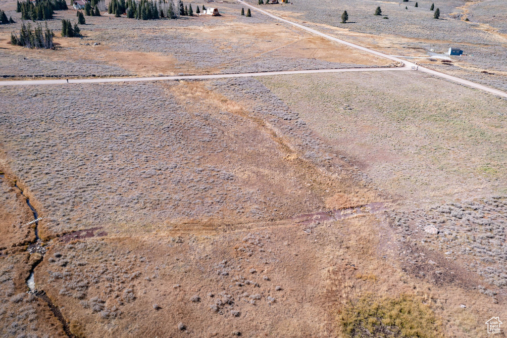 Birds eye view of property with a rural view