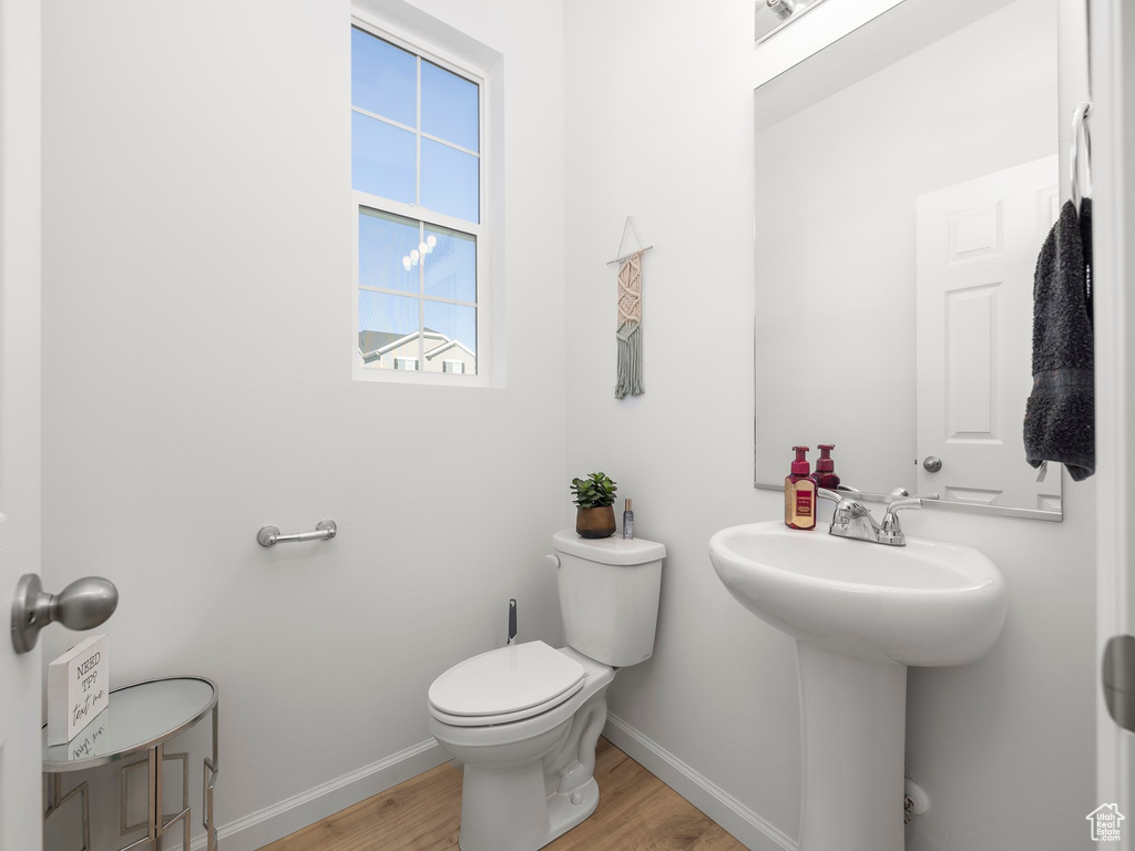 Bathroom featuring wood-type flooring, sink, and toilet