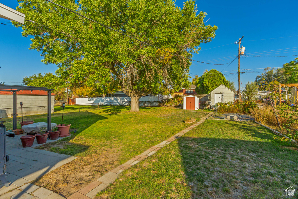 View of yard featuring a shed