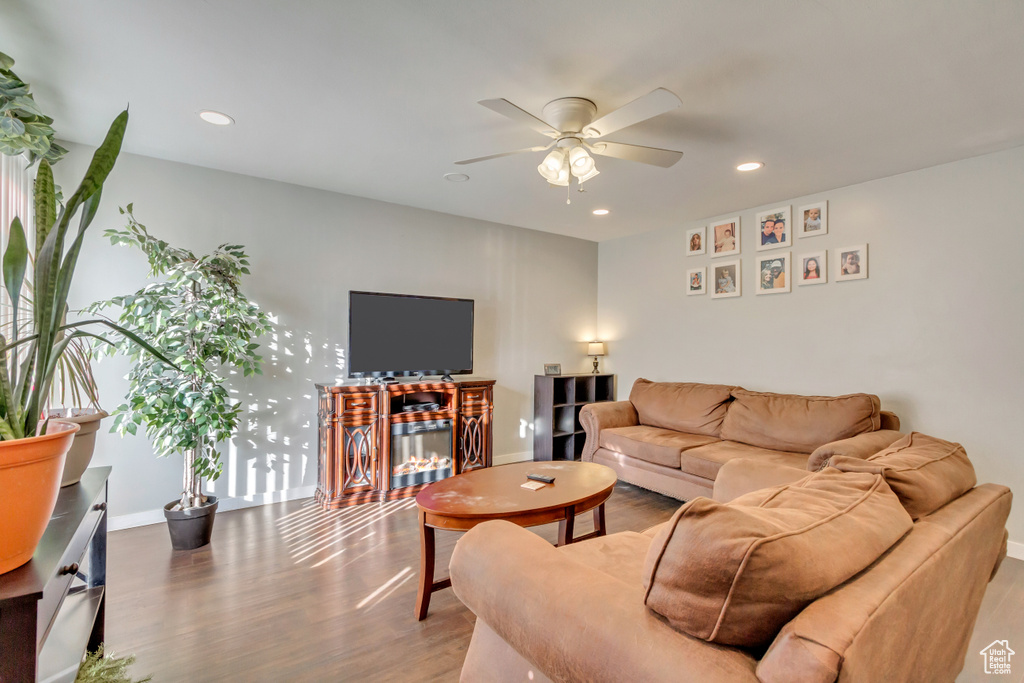 Living room featuring a fireplace, hardwood / wood-style floors, and ceiling fan