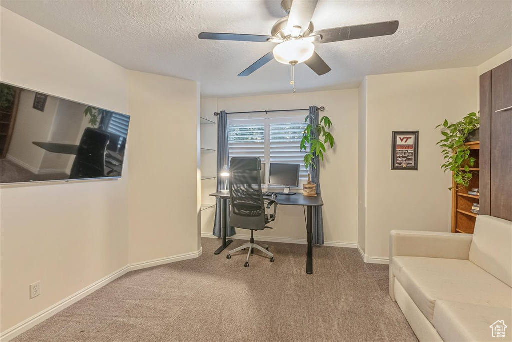 Carpeted office featuring ceiling fan and a textured ceiling