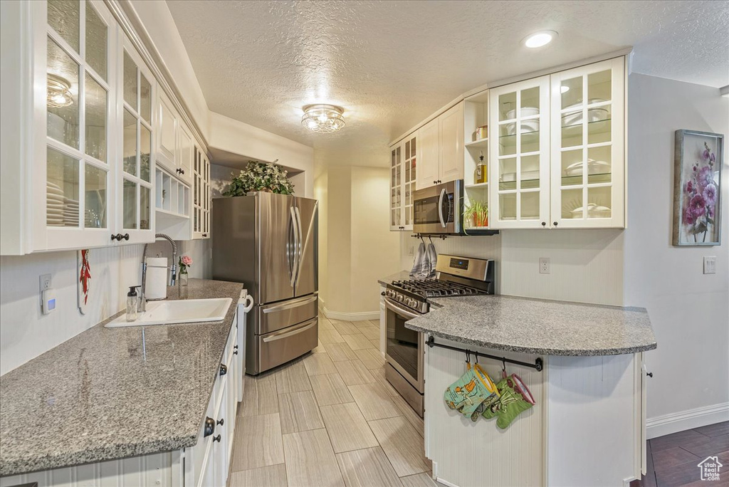 Kitchen featuring white cabinetry, sink, light stone countertops, appliances with stainless steel finishes, and a textured ceiling