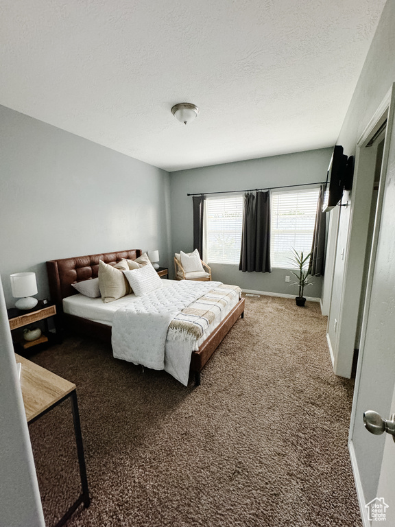 Carpeted bedroom with a textured ceiling