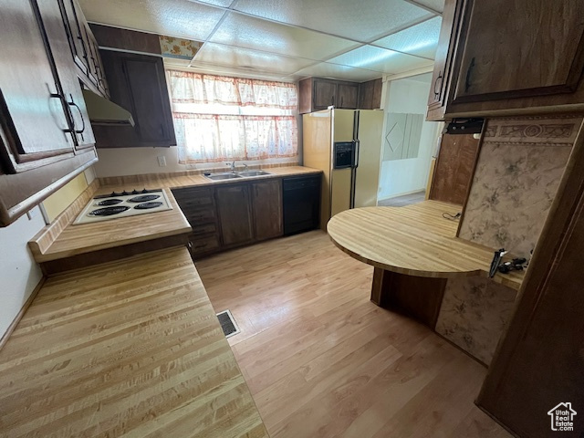 Kitchen with sink, white appliances, dark brown cabinets, range hood, and light hardwood / wood-style floors