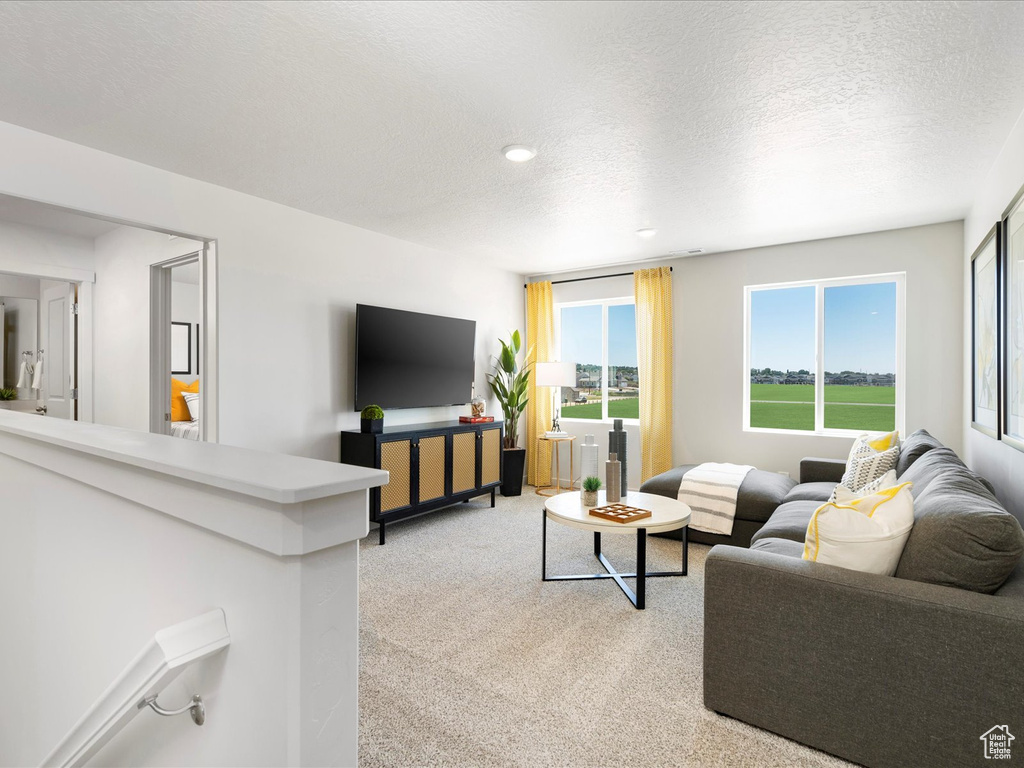 Carpeted living room featuring a textured ceiling