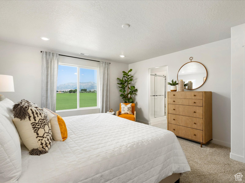 Bedroom featuring light colored carpet and a textured ceiling