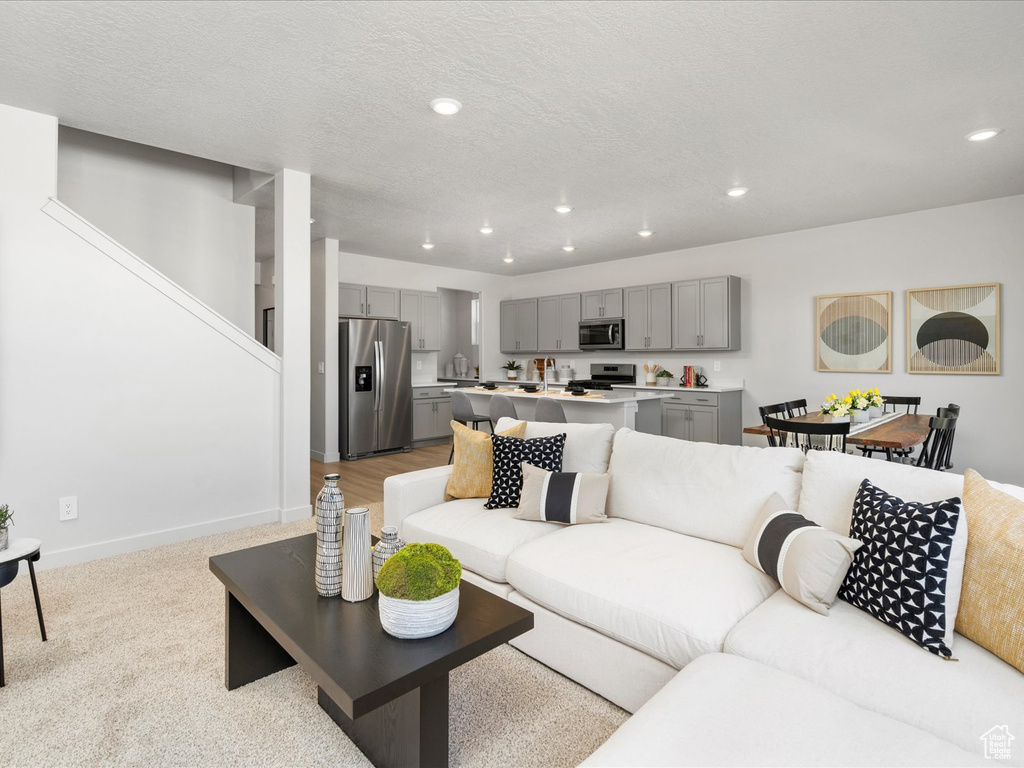 Living room with light colored carpet and a textured ceiling