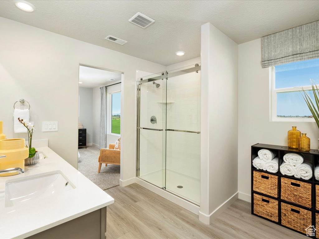 Bathroom featuring hardwood / wood-style flooring, vanity, and an enclosed shower